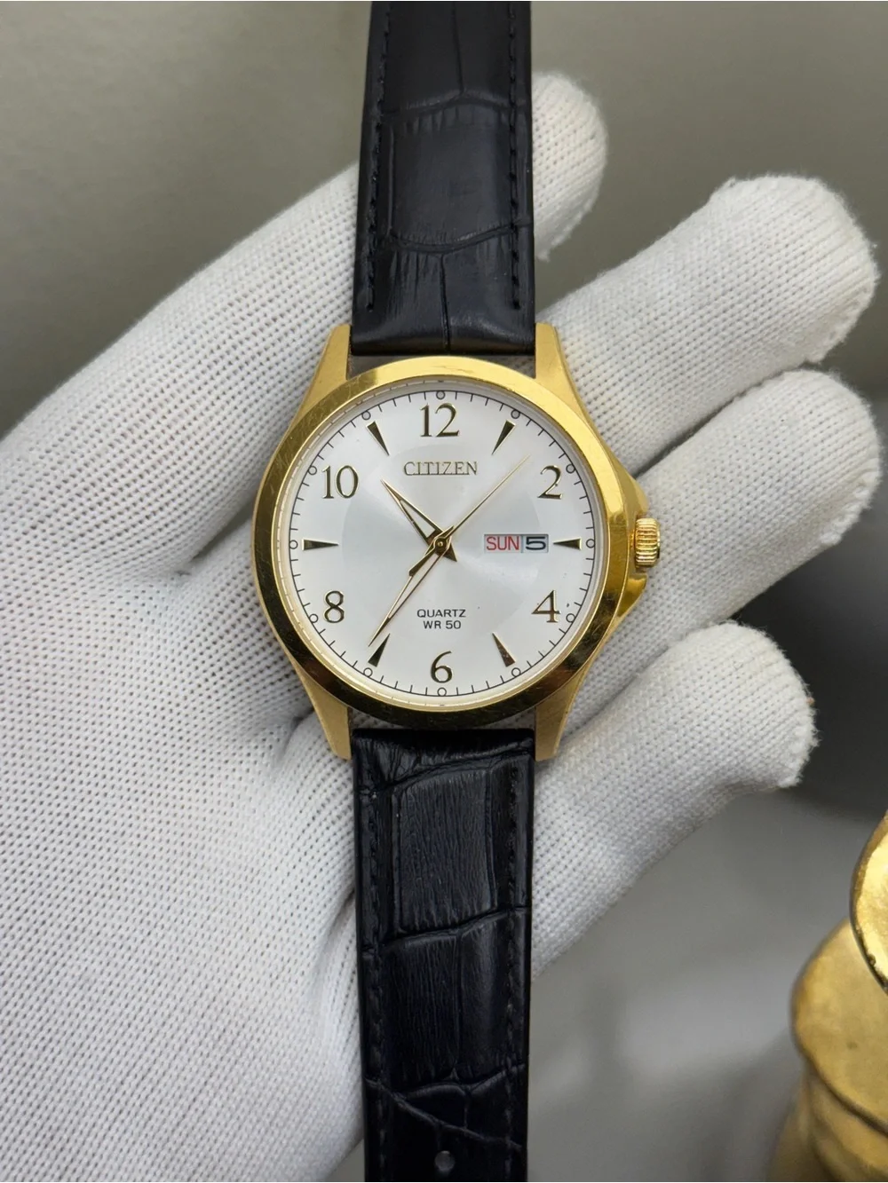 Citizen Classic Gold Case White Dial Watch with Black Leather Strap daydate mens